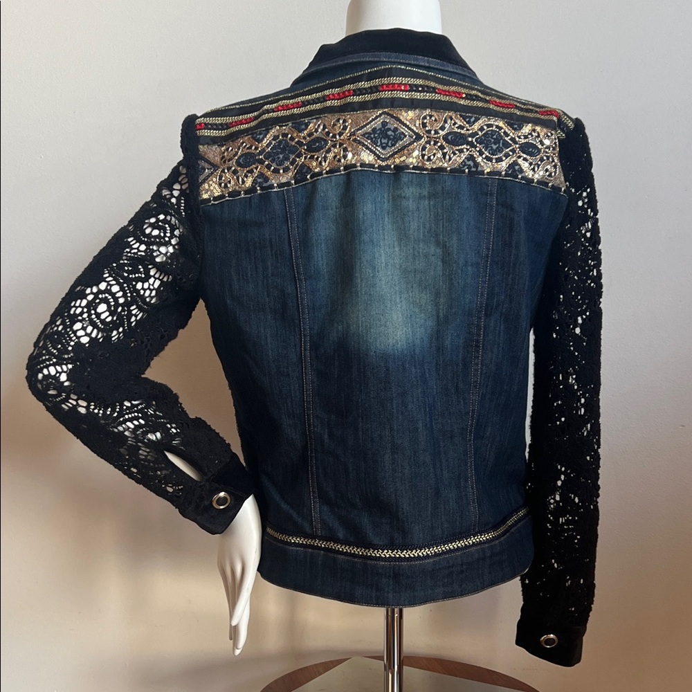 Multiples Blue Embroidered Jean jacket with crochet sleeves and embellished - Picture 3 of 9
